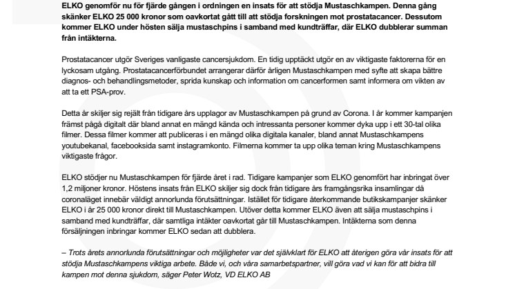 ELKO fortsätter traditionen att stödja Mustaschkampen