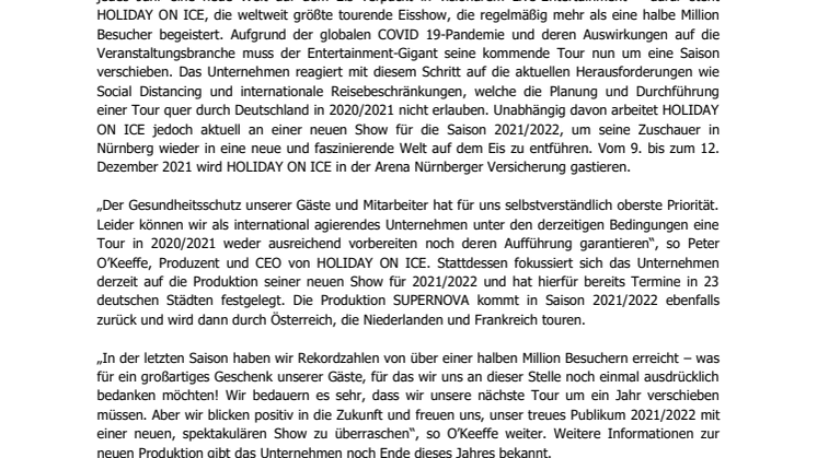 HOLIDAY ON ICE verlegt seine Tourtermine und kommt 2021 nach Nürnberg