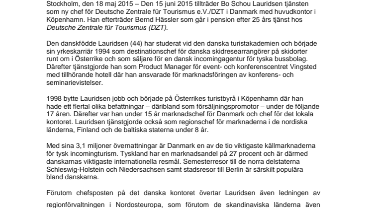Bo Schou Lauridsen tar över chefsposten för DZT i Nordosteuropa och regionkontoret i Danmark
