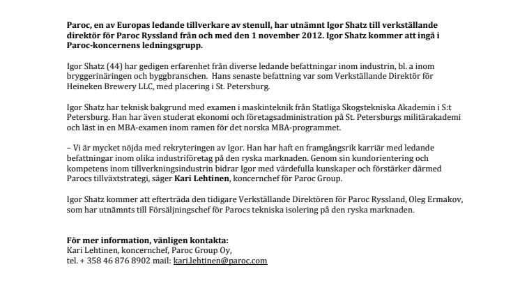 Paroc koncernen utnämner Igor Shatz till verkställande direktör för Paroc Ryssland
