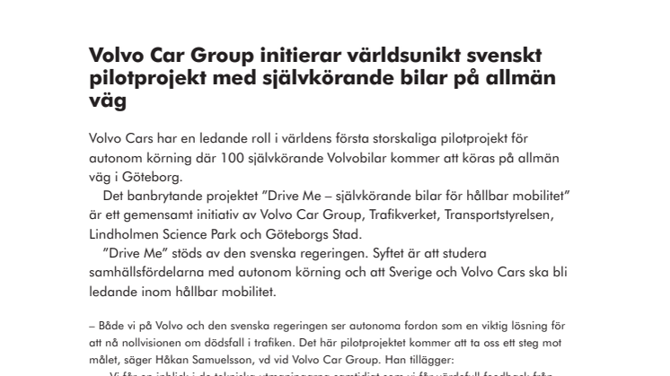 Volvo Car Group initierar världsunikt svenskt pilotprojekt med självkörande bilar på allmän väg