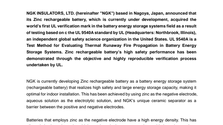 Zinc Rechargeable Battery Cell Acquires the World’s First-Ever UL Verification Mark in the Battery Energy Storage Systems Field 