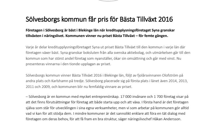 Sölvesborgs kommun får pris för Bästa Tillväxt 2016