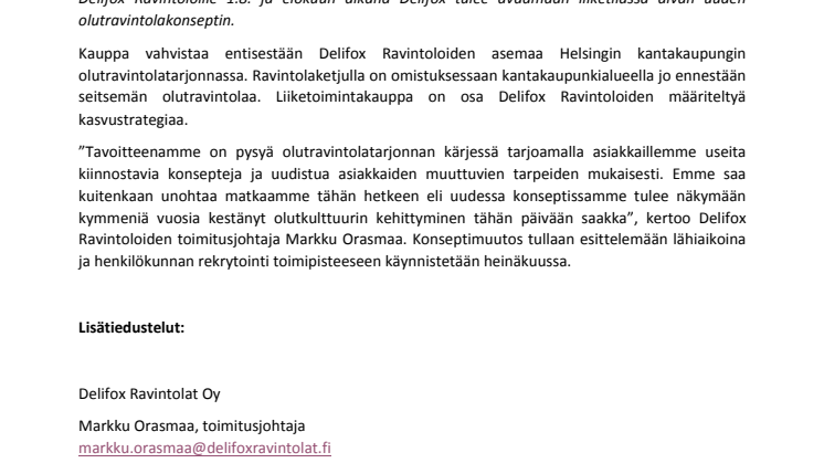 Delifox Ravintolat avaa ravintolan Annankadun Willam K:n paikalle