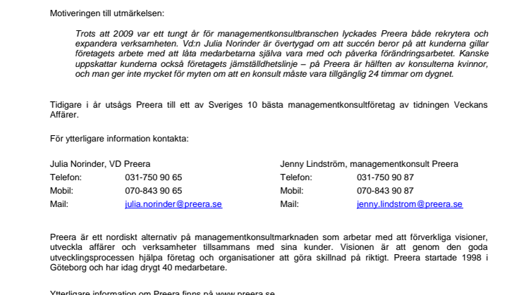 PREERAS VD JULIA NORINDER BLAND FRAMTIDENS KVINNLIGA LEDARE 2010