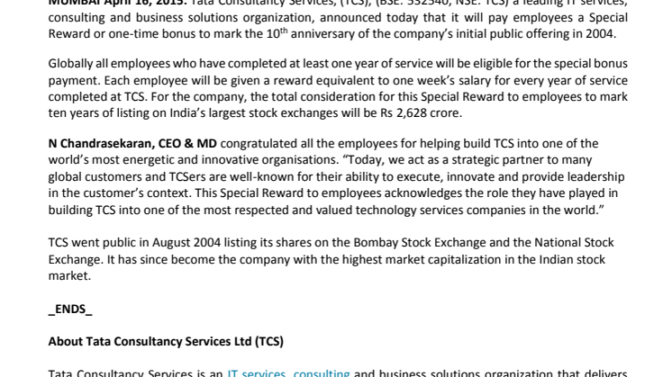 TCS announces special reward for employees