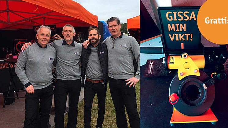 Hydroscands mässgäng från MaskinExpo 2017 och slangpressen som besökarna fick gissa vikten på.