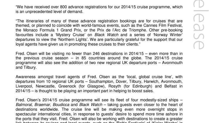 Fred. Olsen Cruise Lines breaks advance registration record