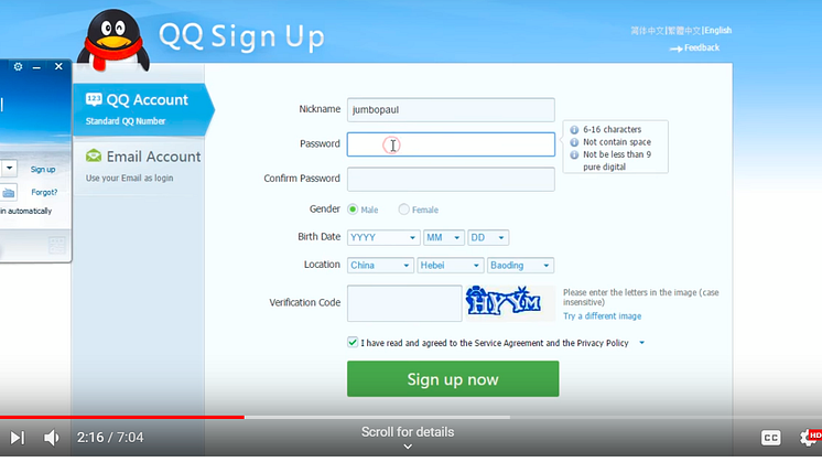 A YouTube screen grab of the QQ sign-up page