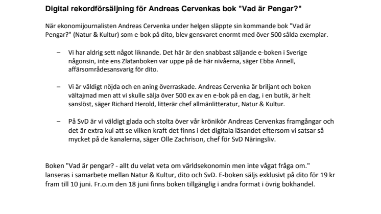 Digital rekordförsäljning för Andreas Cervenkas bok "Vad är Pengar?"