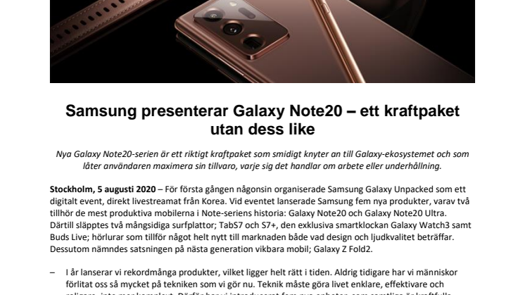 Samsung presenterar Galaxy Note20 – ett kraftpaket utan dess like