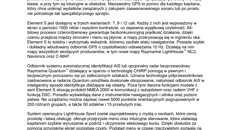 FLIR przedstawia ekran nawigacji z serii Raymarine Element S