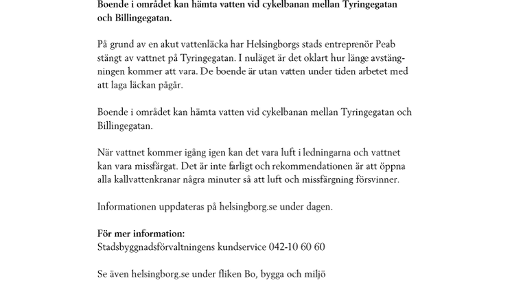 Vattenläcka på Tyringegatan i Helsingborg