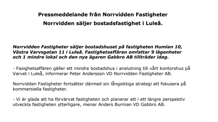 Norrvidden säljer bostadsfastighet i Luleå