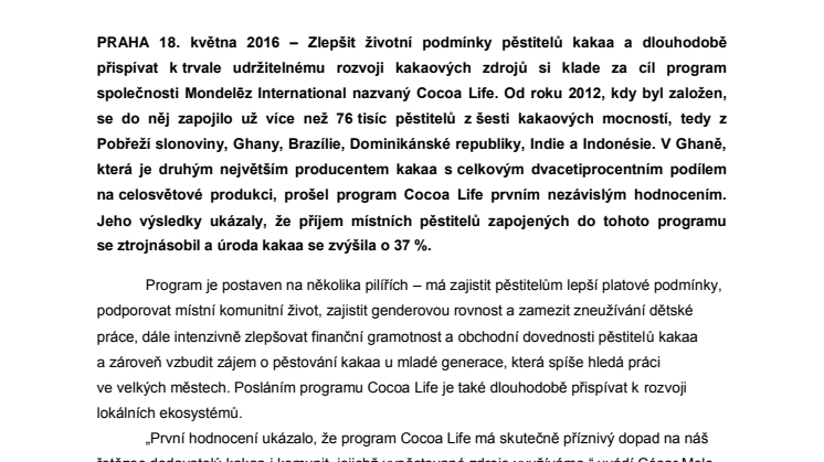Mondelēz International podporuje pěstitele kakaa