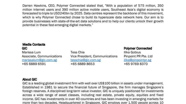 GIC and Polymer Connected establish partnership to  develop data centre campus in Jakarta