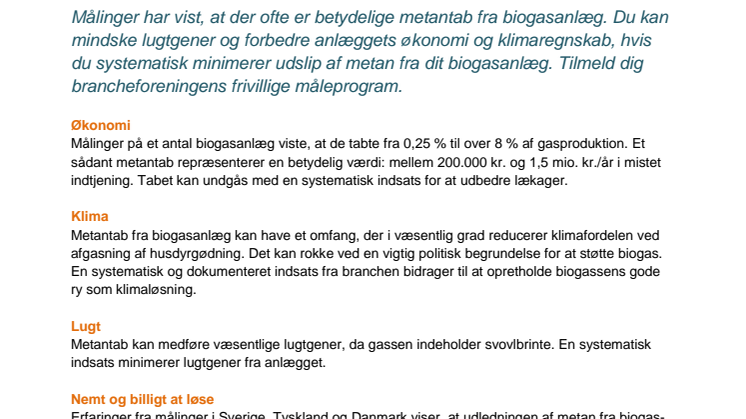 Faktaark: Pas på metantab fra biogasanlæg