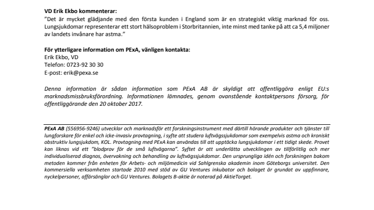 PExA rapporterar första beställningen från Storbritannien