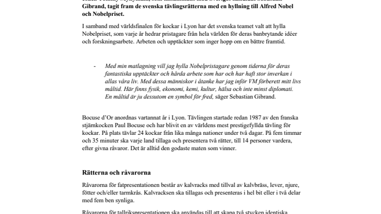 Nobelpriset hyllas i världsfinalen i Bocuse d'Or