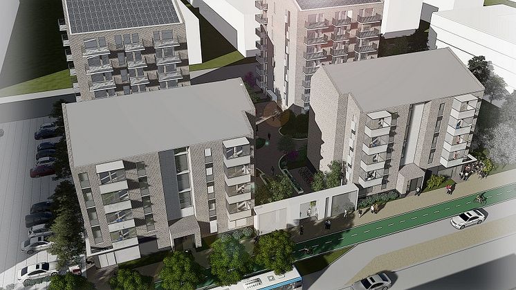 Vy från Vasatorpsvägen, sett från ovan. Tornet bygger nya hus på Drottninghög.