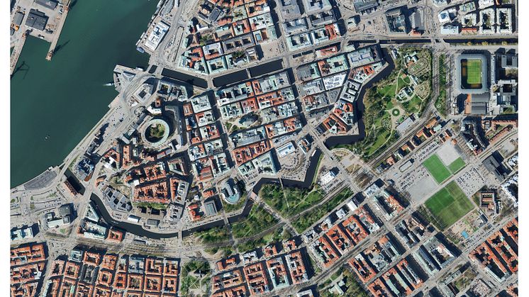 Flygbild över centrala Göteborg från Ortofoto 2019. Bild: Göteborgs Stad