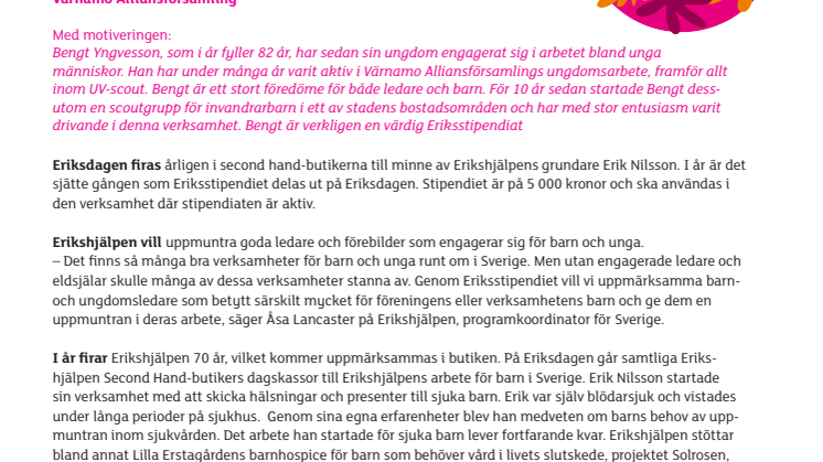 Bengt Yngvesson tar emot Eriksstipendiet i Värnamo
