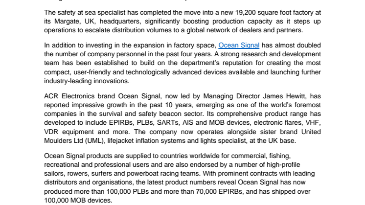 Ocean Signal Triples Size of Factory Facilities to Meet Production Demands