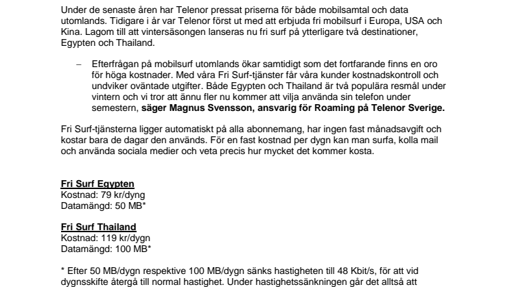 Telenor lanserar fri surf i Egypten och Thailand