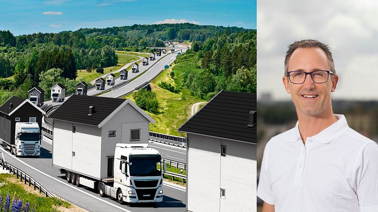 Fotomontage: Hus på löpande band och Jerker Lessing, FoU-chef på BoKlok.