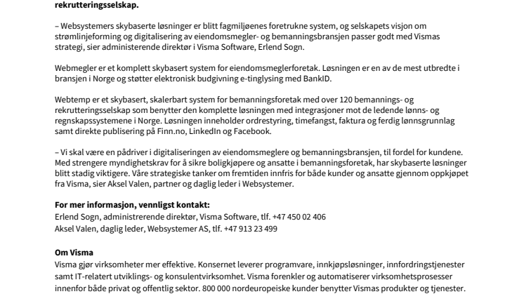Visma styrker satsingen på skybaserte løsninger for eiendomsmeglere og bemanningsforetak med kjøp av Websystemer AS