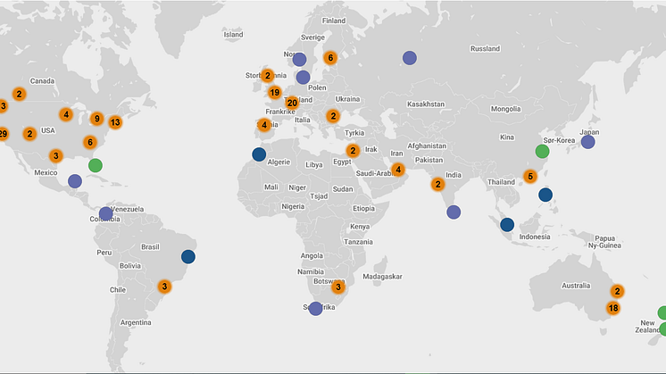 World Green Building Council har et digitalt bibliotek over bærekraftige bygg. Skjermdump: WorldGBCs Case Study Library Map.