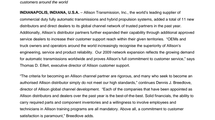 Allison continues to expand global network of trusted distributor and dealer partners