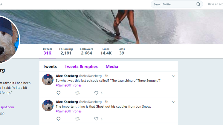 A screenshot of the Twitter account of Alex Kaseberg