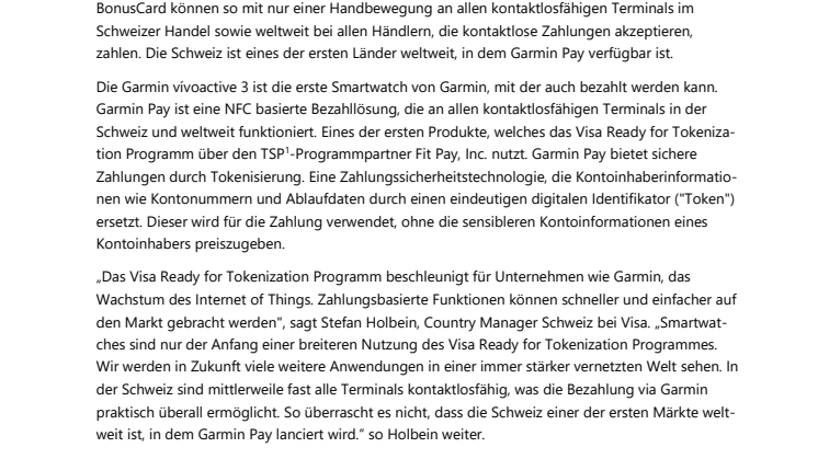 Visa bringt das Bezahlen mit Garmin in die Schweiz
