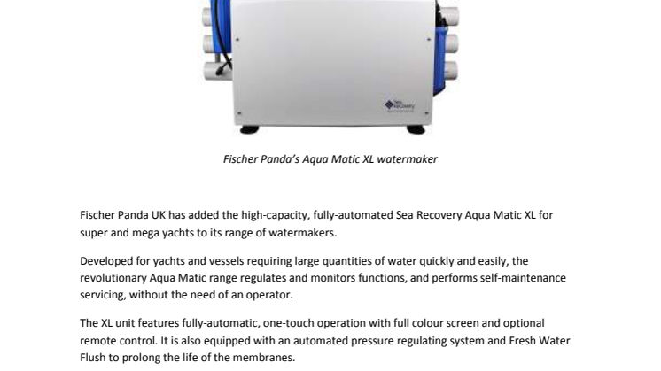 Fischer Panda Introduces Aqua Matic XL Watermaker  for Super and Mega Yachts