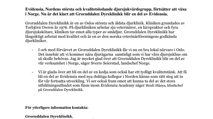 Evidensia fortsätter att växa i Norge  – nu välkomnas Groruddalen Dyreklinikk