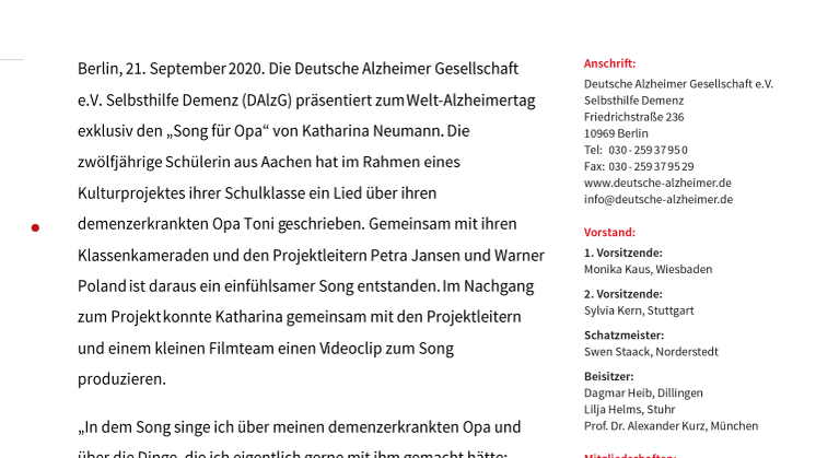 „Song für Opa“ –  Die Deutsche Alzheimer Gesellschaft veröffentlicht zum Welt-Alzheimertag einen berührenden Videoclip