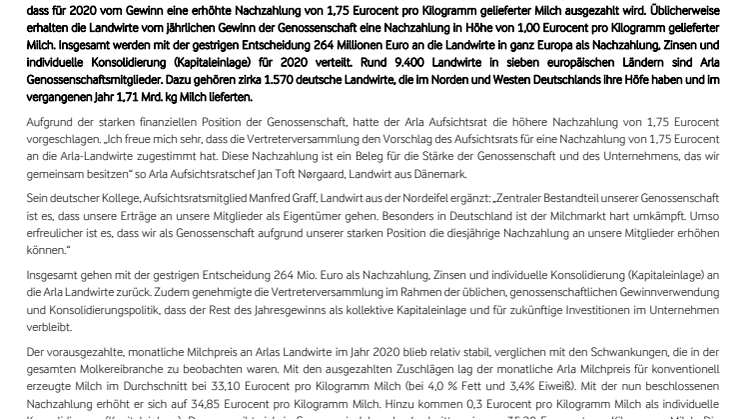 Mehr Geld für Landwirte: 264 Mio. Euro gehen an Arla Milchbauern - 1,75 Eurocent pro kg Milch Nachzahlung für 2020 