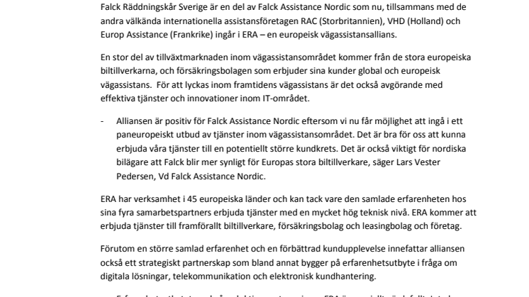 Falck ingår i ERA - en europeisk vägassistansallians