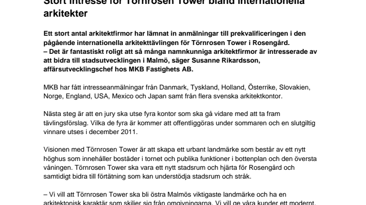 Stort intresse för Törnrosen Tower bland internationella arkitekter