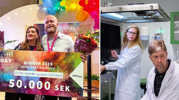 Alpha Therapy Solutions har under hösten 2019 antagits till Chalmers Ventures Accelerator. Bild t v - Milton Lönnroth, vd på  Alpha Therapy Solutions tar emot pris under Venture Day 2019. Bild t h - forskarna Emma Aneheim och Sture Lindegren.