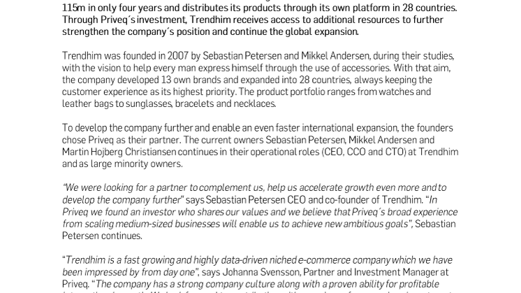 Priveq enters partnership with e-commerce company Trendhim