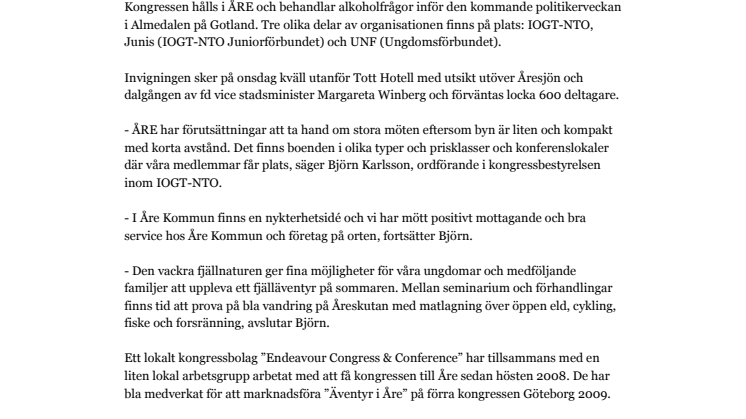 IOGT-NTO väljer ÅRE för sin kongress –  orten i Sverige med flest utskänkningstillstånd per capita 