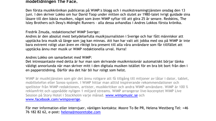 Välkände musikkritikern Andres Lokko skriver månadskrönikor i WiMP  