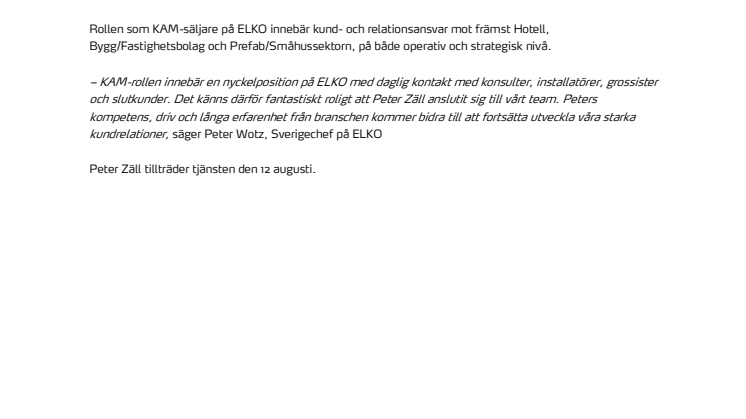 ELKO rekryterar ny KAM-säljare