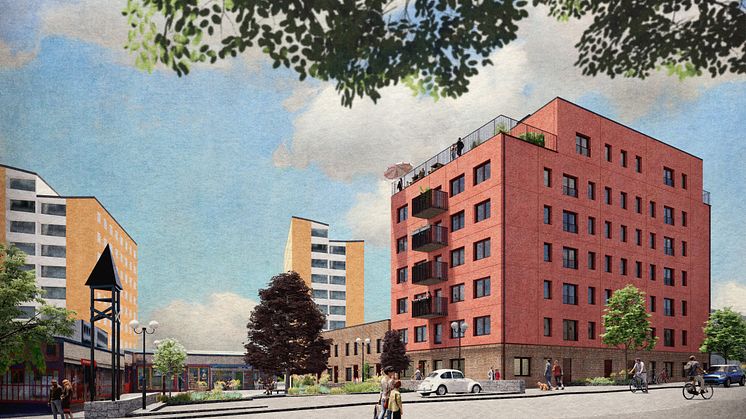 Byggprojektet Kymmendö i Farsta Strand ligger inom ramen för Stockholms Stadsmissions program för socialt hållbara bostäder. Målet är att huset ska ha en mångfald av hyresgäster och skapar trygghet för de boende. Bild: Kod Arkitekter