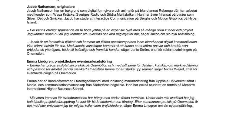 Onemotion rekryterar Emma och Jacob 