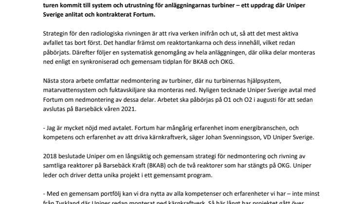 Uniper kontrakterar Fortum för rivningsprojekt på Barsebäck Kraft och OKG 