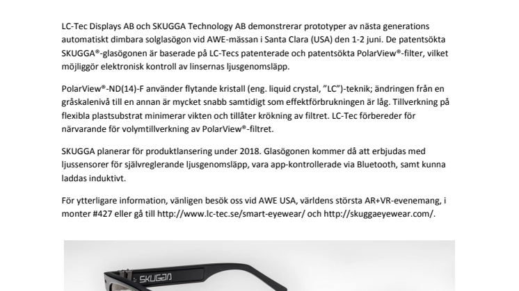 LC-Tec och SKUGGA demonstrerar automatiskt dimbara solglasögon vid AWE-mässan i Santa Clara