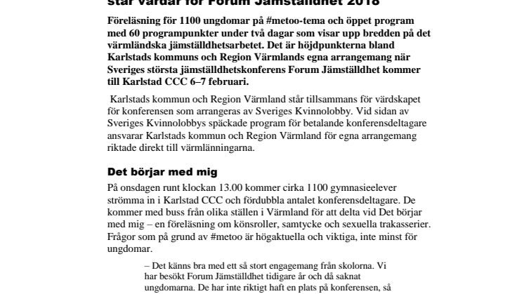 Fullmatade dagar när Karlstad och Värmland står värdar för Forum Jämställdhet 2018